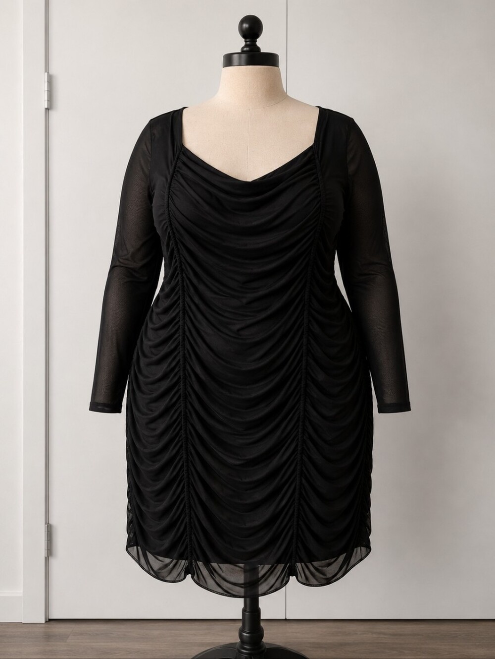 BAR III 2X Plus Size Black Ruched Mesh Sleeve Women’s Dress